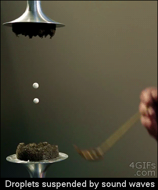 Drops levitated by sound waves.